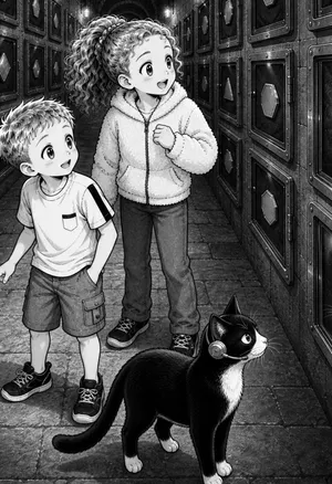 Leila and Noah, the two young Year 5 agents, walking a vault corridor with their cat