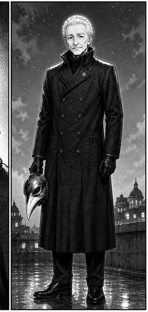 The Magpie, an elegant villain in a long dark coat, drawn in manga style