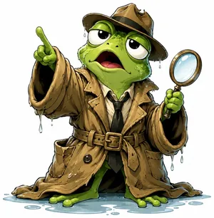 Marlowe Pickle, a frog detective in a trench coat with a magnifying glass