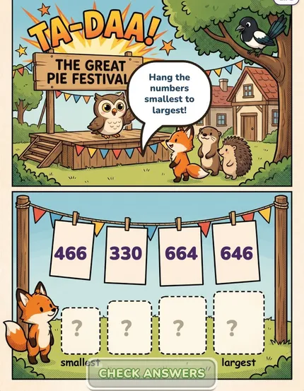 Mathique app: a Year 3 comic exercise at the Great Pie Festival, ordering numbers on hanging signs